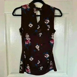 WHBM Whimsigoth Floral Plum Career Work Wear Twist Front Keyhole Knit Top Size X